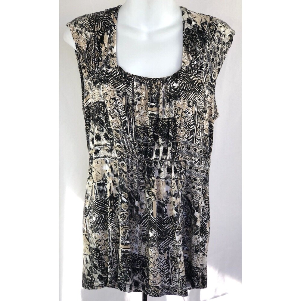 Christopher Banks Sleeveless Top L Tan/blk Geo Scoop Neck Pleated Boho Grunge